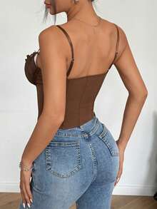 Áo hai dây ren lưới xuyên thấu màu nâu gợi cảm kiểu Y2K dành cho nữ của Vexica, thích hợp cho những buổi đi chơi mùa hè và mặc hàng ngày. - màu nâu - Xem 2