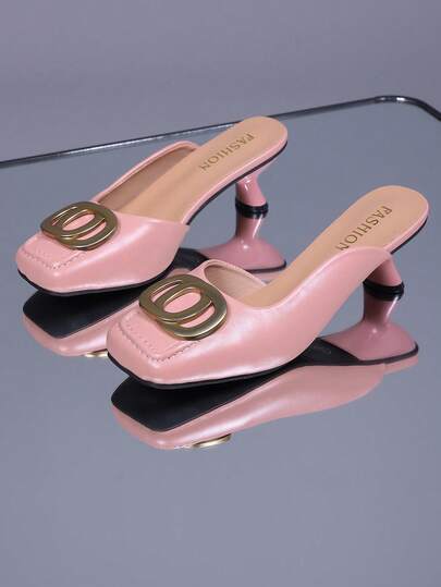 1 Pair Pink Korean Style Plus Size Teenager Girl Fashion High Heel Slippers, Solid Color Soft Leather + Gold Round Buckle Decor, Square Toe Low Vamp Thin Heel Elevator Slip-On Design, Fashionable Charming Cute Work Casual Wedge Slippers, Suitable For Daily Casual, Vacation, Office, Spring/Summer New Arrival