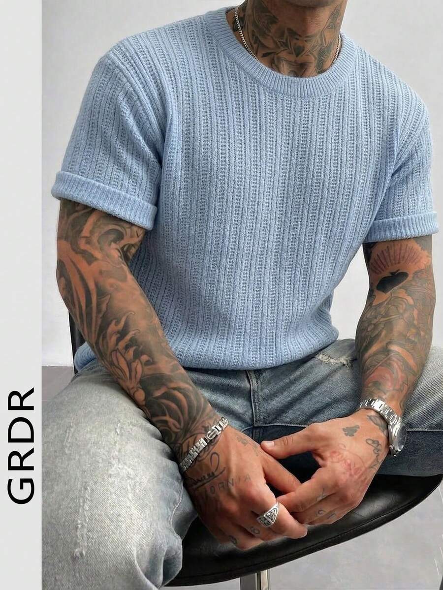 Men's Fresh Blue Textured Knit Short Sleeve Sweater, Casual Beach Resort Versatile T-Shirt - Apricot - View 1