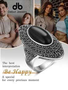 1pc S925 Sterling Silver Bohemian Mirror Polished Ring, Pave Set Black Stone Main Gemstone, Vintage Chic Design, Suitable For Daily, Commute, Party Wear, Stackable Jewelry, Great Gift For Valentine's Day, Mother's Day, Comes With Gift Box - Bohemian Style - View 10