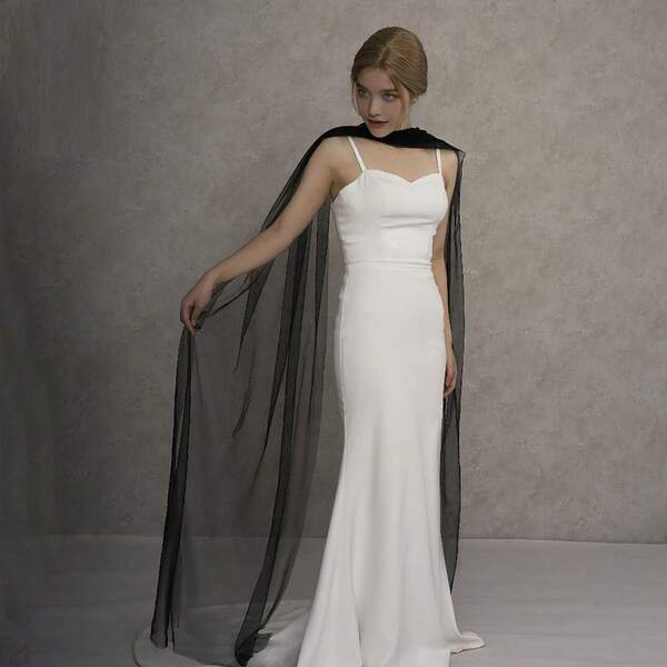 1 件黑色极简主义雪纺飘逸超长披肩，多穿时尚婚礼新娘披肩/披肩