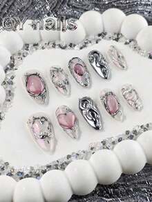 10Pcs/Set Hand-Made Almond Full Coverage Artificial Nails, Medium Length, Pink, Sweet And Cute Style, Suitable For Women And Girls, Can Be Used As Gifts, Includes 1Pc Jelly Pad And 1Pc Nail Shaper Pen Press On Nails Nail Supplies Nails Handmade Press On Nails - 粉色 - 查看 2