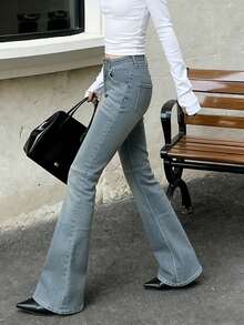 女式双排扣弹力金色纽扣喇叭牛仔裤 - 復古洗水藍 - 查看 5