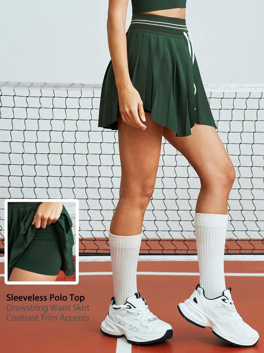 Leorrey 1pc Women High Waist Elastic Drawstring Waistband Anti-Exposure Asymmetrical Hem Pleated Sports Skirt - Green - View 1