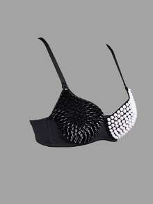 Apperloth A Gothic Spiked Detail Bustier Two Tone Crop Cami Top - Black and White - View 3