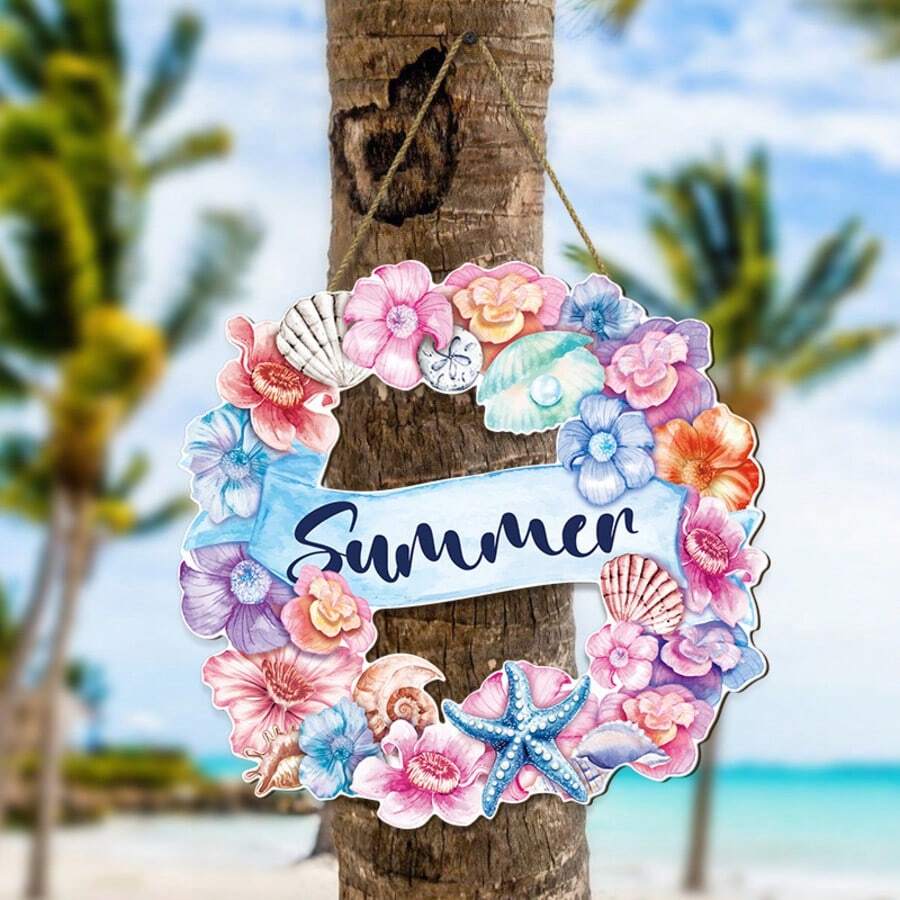 1 pieza Cartel de madera con estilo de playa hawaiana, Placa de madera de bienvenida, Decoración de pared con corona de conchas marinas de verano - Multicolor - Ver 1