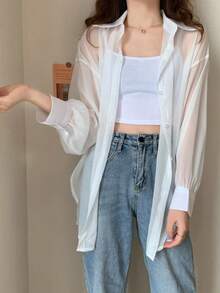 Solid Color Drop Shoulder Long Sleeve Loose Casual Versatile Shirt White Summer - White - View 4