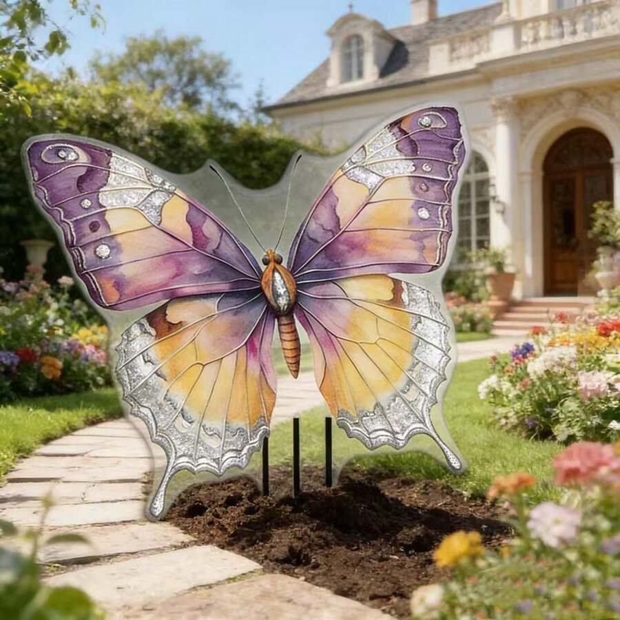 Flat Printed Acrylic Pink Butterfly Garden Decor, Outdoor Yard Lawn Potted Plant Decoration Stake - A - View 1