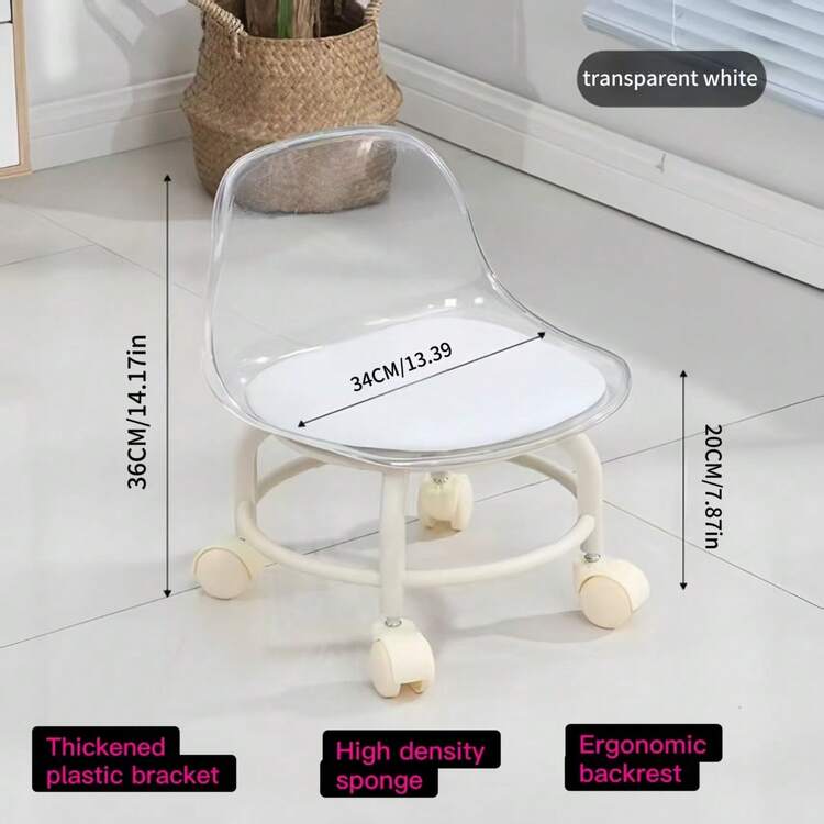 Cute Transparent Acrylic Stool With Wheels, 360° Swivel Casters, Backrest Design Contours To Body, Soft Cushion For Comfortable Sitting, Suitable For Makeup, Playing With Kids, Home Moving, High-Quality Home Decor Item - Multicolor - View 13
