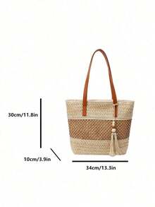 A New Stylish Vacation-Style Women's Beach Tote Bag, Lightweight Hand-Woven Straw Shoulder Bag With Contrasting Color Stripes And Tassel Decoration, Casual Woven Handbag With Zipper Closure, Perfect For Vacations And Travel, A Must-Have For Vacations, Beach Bag, Summer, Vacation, Woven Bag. - 米色 - 查看 11