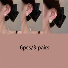 6pcs/3 Pairs Elegant Lustrous Faux Pearl Earring Set, Non-Allergic Stud And Dangle Earrings, Suitable For Office, Date, Wedding, Party, Great Gift, Classic Versatile Pearl Jewelry Series - White - View 7