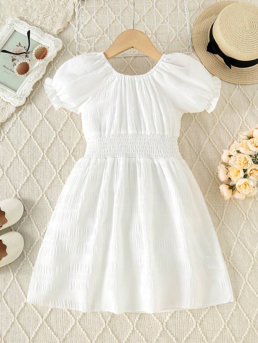 Đầm trắng đơn giản cho bé gái, tay phồng, xếp ly ở eo, chất liệu nhẹ, thích hợp cho mùa xuân/hè. - trắng - Xem 1