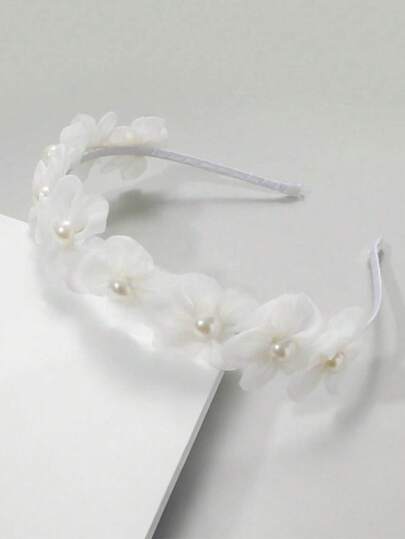 1 chiếc băng đô cài tóc bằng vải chiffon trắng thủ công, trang trí hoa và ngọc trai, thích hợp cho các lễ hội, tiệc tùng và sử dụng hàng ngày.