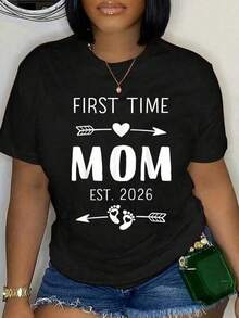 Herrkläder 100% bomull "First Time Mom 2026" kortärmad t-shirt med rund hals, avslappnad topp för sommar och vår, grafisk t-shirt för dam och herr, tryckt t-shirt för män och kvinnor - Svart - Visa 8