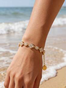 18K Gold/Silver Plated Full Diamond Four-Leaf Clover Bracelet, Bohemian Style Golden Summer Beach Vacation Stainless Steel Delicate Adjustable Chain Bracelet For Women - Gold - View 3