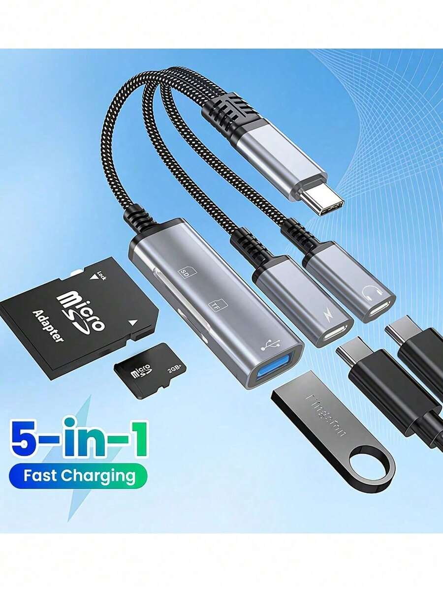 Gesen 5合1多功能数字音频适配器线缆，Type-C音频适配器，支持SD/TF/USB读卡器 - 彩色 - 查看 1