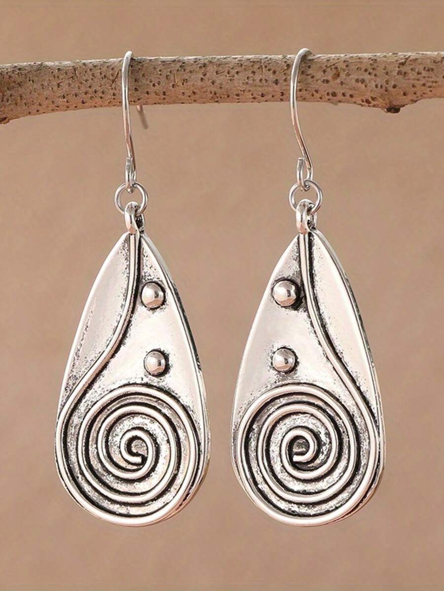 1 par de pendientes únicos y creativos con forma de lágrima, que transmiten una vibra artística primitiva y misteriosa. Adecuados para eventos artísticos, uso diario y reuniones con amigos. También un excelente regalo para mujeres. - Plateado - Ver 1