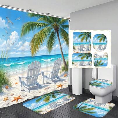 1pc/4pcs Blue Sky White Cloud Beach Vacation Pattern Bathroom Decor Shower Curtain Set, Free 12 Hooks Included, Elegant Holiday Atmosphere, Bathroom Mat, U-Shaped Toilet Mat And Round Toilet Mat, Suitable For All Scenarios Bathroom Set