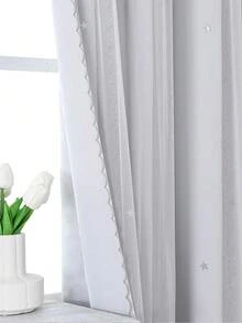 1pc Hollow Star Sheer Curtain, Polyester Lace Double-Layer Blackout Curtain For Living Room Bedroom, Cute Style - 白色 - 查看 4