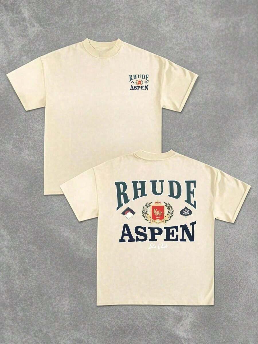 2026 Summer Men's T-Shirt, Men's Casual Crew Neck Short Sleeved T-Shirt With Elegant And Luxurious "RHUDE ASPEN" - Themed Camisas Para Hombre - 杏色 - 查看 1
