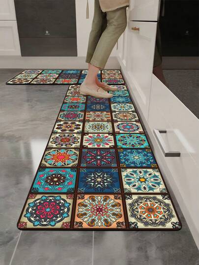 1pc Silica Gel Kitchen Mat Inspired By Vintage Tile, Composed Of Multiple Symmetrical Mandala/ Floral Pattern Blocks In Vibrant Colors With Deep Brown Borders, Featuring Contrasting Red, Blue, Gold, And Orange Tones, Exuding Bohemian And Moroccan Exotic Vibes