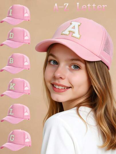 1pc Child's Pink A-Z Letter Print Mesh Kids Cap, Baby Toddlers Girls Boys Unisex Baseball Sunvisor Hat, Suitable For Outdoor Activities And Daily Wear, Sun Protection