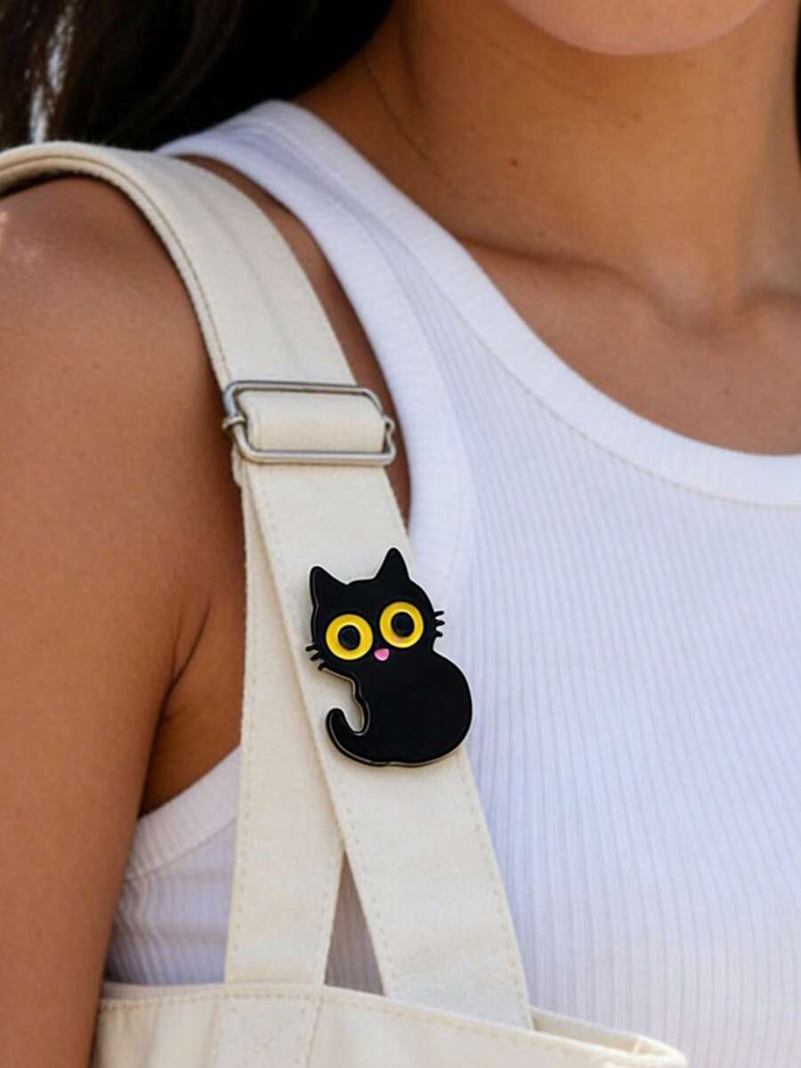 QIHOO 1个合金可爱黑眼猫配花系列日常礼品胸针女士安全别针包女士手提包女士 - 彩色 - 查看 1