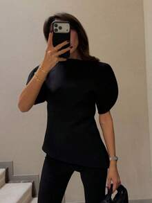 DEEKA 夏季新款女装时尚百搭花瓣袖黑色毕业上衣 - 黑色 - 查看 7