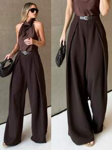 SMILE CHI 2026 夏季新款时尚百搭褶皱宽松阔腿裤，咖啡棕色休闲裤（不含腰带），舒适时尚的夏季春季穿搭 - 棕色 - 查看 3