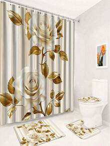 1/4pcs 3D Rose Print Waterproof Shower Curtain With Hooks - Machine Washable Polyester Bathroom Partition - A - View 17