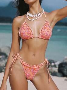 女士可爱橙色碎花挂脖比基尼套装，荷叶边装饰，侧系带，两件式泳衣 - 彩色 - 查看 3