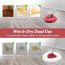 Spin Mop Handle Replacement For Ocedar Mop Heads Replacements Compatible With O-Cedar EasyWring 1-Tank System Include 4-Section Handle 2 Replace Heads 1 Scrub Brush 1 Base For O Cedar Spin Mops - Red - 查看 4