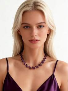 1pc Elegant Purple Crystal Necklace: Handmade Woven Purple Crystal Necklace, Purple Gemstone Necklace, February Birthstone, Refined Daily Necklace - Purple - View 5