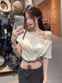White Twist Knot Crew Neck Short Sleeve T-Shirt For Women, Summer Sexy Slim Fit Cropped Versatile Top - White - View 6
