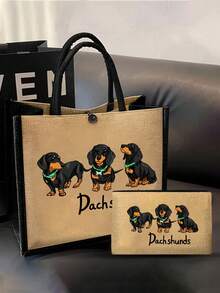 Yellow Linen Dachshund Pattern Tote Bag - Multifunctional Large Capacity Handbag And Wallet Set, Including Small Wallet - Multicolor - View 10