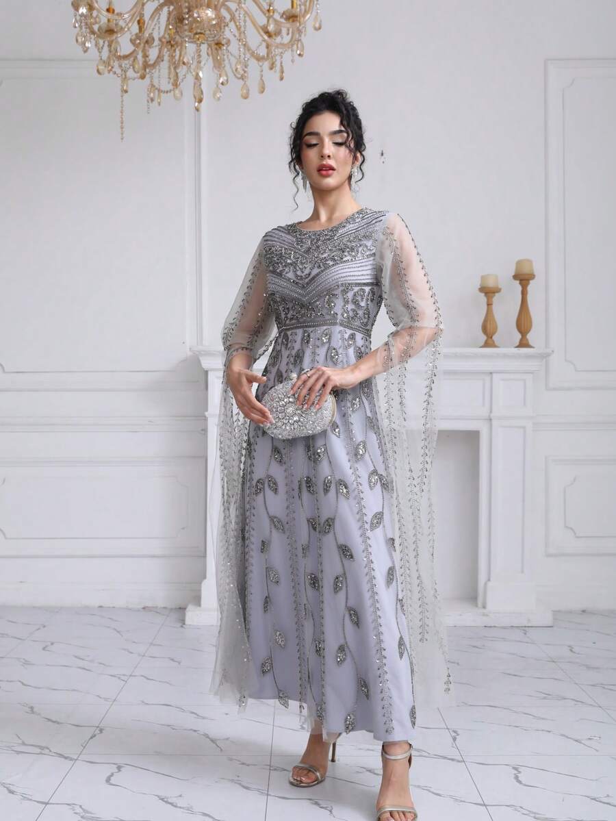 JINLICX 精致灰色串珠圆领礼服 - 灰色 - 查看 1