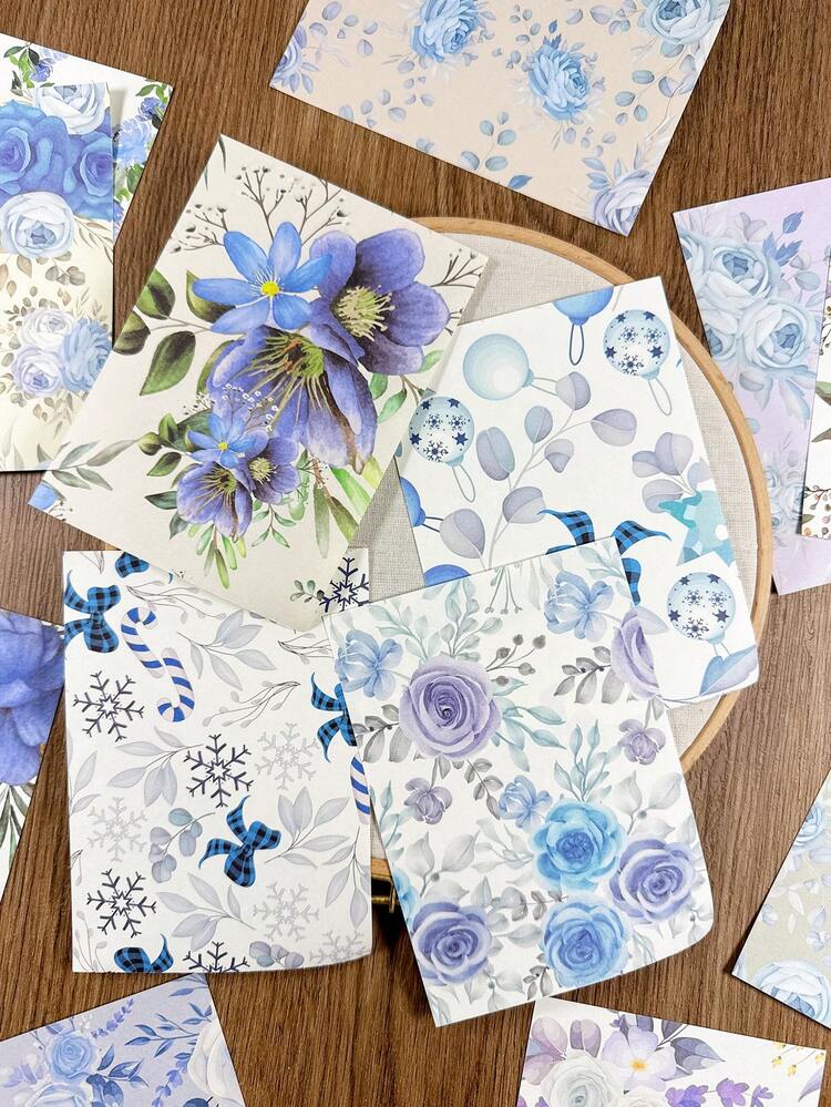 100张/本 复古水彩花卉图案纸，适用于剪贴簿、拼贴画、DIY手工纸 - 海鹽之藍 - 查看 6