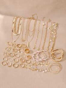 Conjunto de joyería metálica asimétrica para mujer, que incluye collar, aretes, anillo, pulsera y tobillera - Amarillo Oro - Ver 9