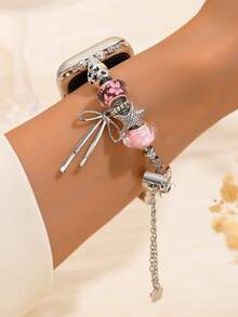 女士经典魅力腕表手链，配有串珠吊坠，蝴蝶结、爱心、樱花和海星造型，适用于 38/40/41/42/44/45/46/49mm，Ultra/SE/Series 11/10/9/8/7/6/5/4/3/2/1，夏季海滩饰品配饰，表带 - 粉色 - 查看 4