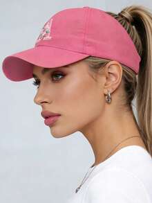 1pc Solid Color Open Back Ponytail Baseball Cap With 26 Letters, Women Fashion Sports Sun Hat For Outdoor UV Protection,Summer,Beach - Hot Pink - View 2