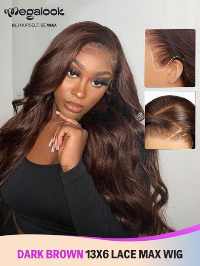 MEGALOOK Tóc giả ren phía trước không cần keo 13x6 Three-Go™ dài 18-30 inch, tóc thật, kiểu sóng nhẹ, màu nâu sô cô la, đã tẩy trắng, tỉa sẵn, ren đã cắt sẵn, ren tan chảy, đường chân tóc tự nhiên, thân thiện với người mới bắt đầu, có thể sử dụng hàng ngày.