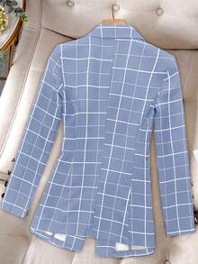 Women's Front Button Notched Collar Long Sleeve Plaid Casual Blazer Spring - Dusty Blue - View 2