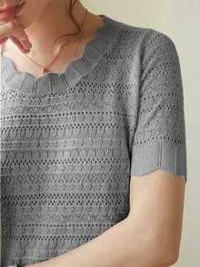 Knit Mix Áo sơ mi nữ thanh lịch, áo thun ngắn tay cổ tròn khoét lỗ, viền ren độc đáo, phù hợp với dáng người nhỏ nhắn, màu trơn, thích hợp mặc thường ngày/công sở, áo mùa xuân/hè, màu kem cổ điển tinh tế, trang phục đi học mùa xuân/hè, cũng thích hợp cho các ngày lễ như Giáng sinh, Lễ Tạ ơn và Năm mới. - Xám - Xem 7