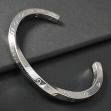 1pc Minimalist Luxury 18K Gold Plated Silver Infinity Loop Engraved Open Bangle Bracelet, Unisex Daily Wear, Couples Jewelry - Silver - View 1