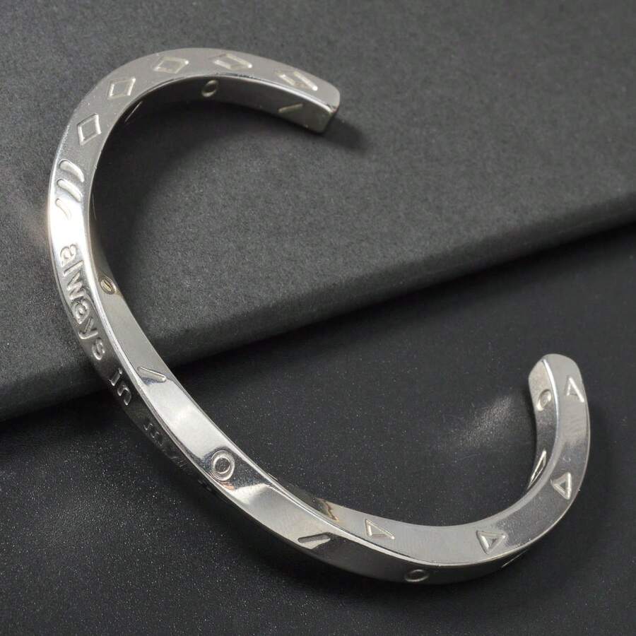 1pc Minimalist Luxury 18K Gold Plated Silver Infinity Loop Engraved Open Bangle Bracelet, Unisex Daily Wear, Couples Jewelry - Silver - View 1