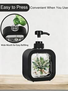 创意花卉设计可重复灌装按压瓶，适用于浴室，保湿洗手液分配器，浪漫花卉主题，浴室和厨房必备，百合花谷花束，优雅丝带，黑色背景 - 清新美丽的设计，适合水槽装饰，塑料材质，适用于洗手液、沐浴露、乳液等，创意乳液瓶，乳液分配器，分配器，浴室 - 彩色 - 查看 7