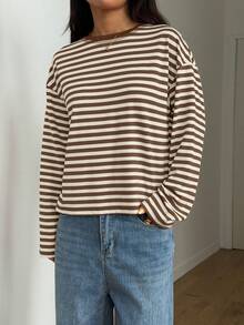 Women's Casual Top, Striped Contrast Ribbed Knit, Everyday Wear, Spring/Autumn - Apricot Brown - View 5