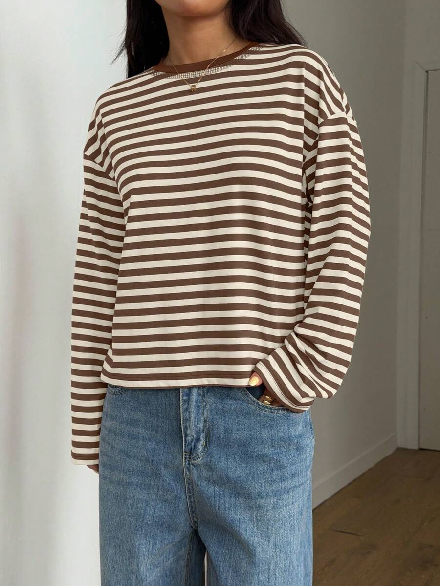 Women's Casual Top, Striped Contrast Ribbed Knit, Everyday Wear, Spring/Autumn