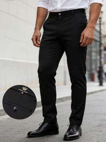 Pantalones casuales de punto con estiramiento en 4 direcciones, pantalones rectos de negocios casuales para hombres - Negro - Ver 3