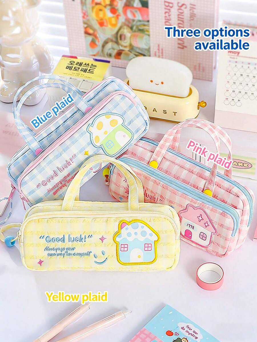 Bolsa de papelería portátil con doble capa y gran capacidad, estilo lindo a cuadros para almacenamiento de útiles escolares/de oficina - bordado a cuadros - Ver 1